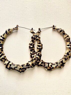 Gold Bamboo Hoop Earrings with black leopard print